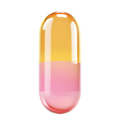 Poster - Highly detailed, digitally rendered, vibrant,  transparent capsule in a light yellow and pink color scheme.  The capsule is displayed in a  clean, isolated background.