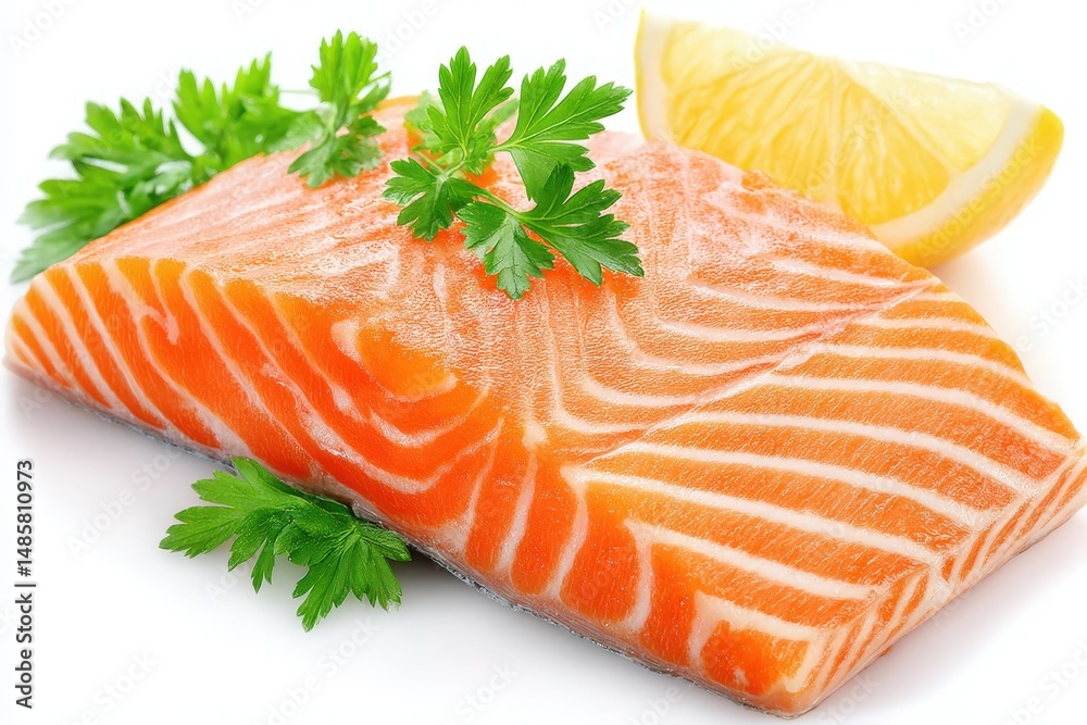 A vibrant piece of fresh salmon fillet is showcased, garnished with bright green parsley and a lemon slice. The colors of the fish and garnishes pop vividly against a white background.