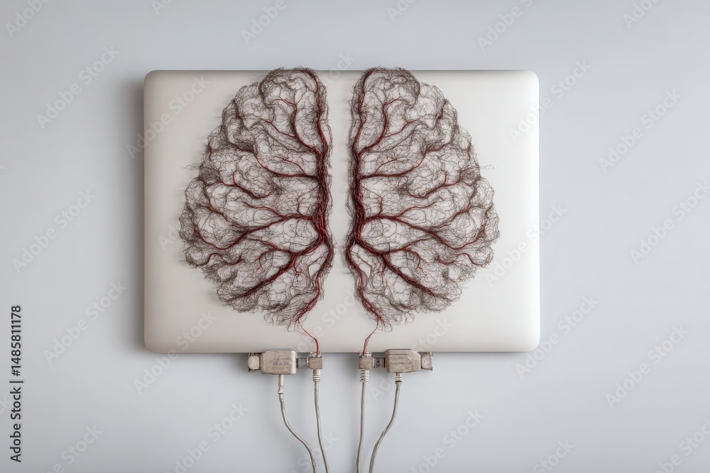 A laptop features a unique design made of hair depicting human lungs. Two network cables connect to the device, blending technology and organic shapes in a modern artistic expression.
