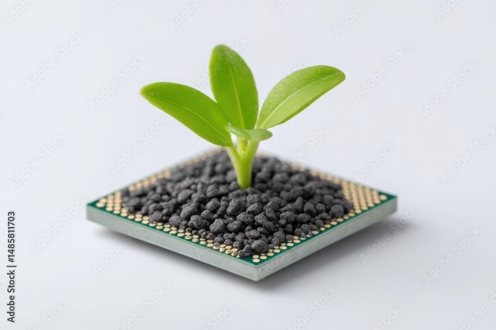 A computer chip serves as the base for a small green plant sprouting from a mound of tiny black seeds, symbolizing the union of technology and nature in a unique way.