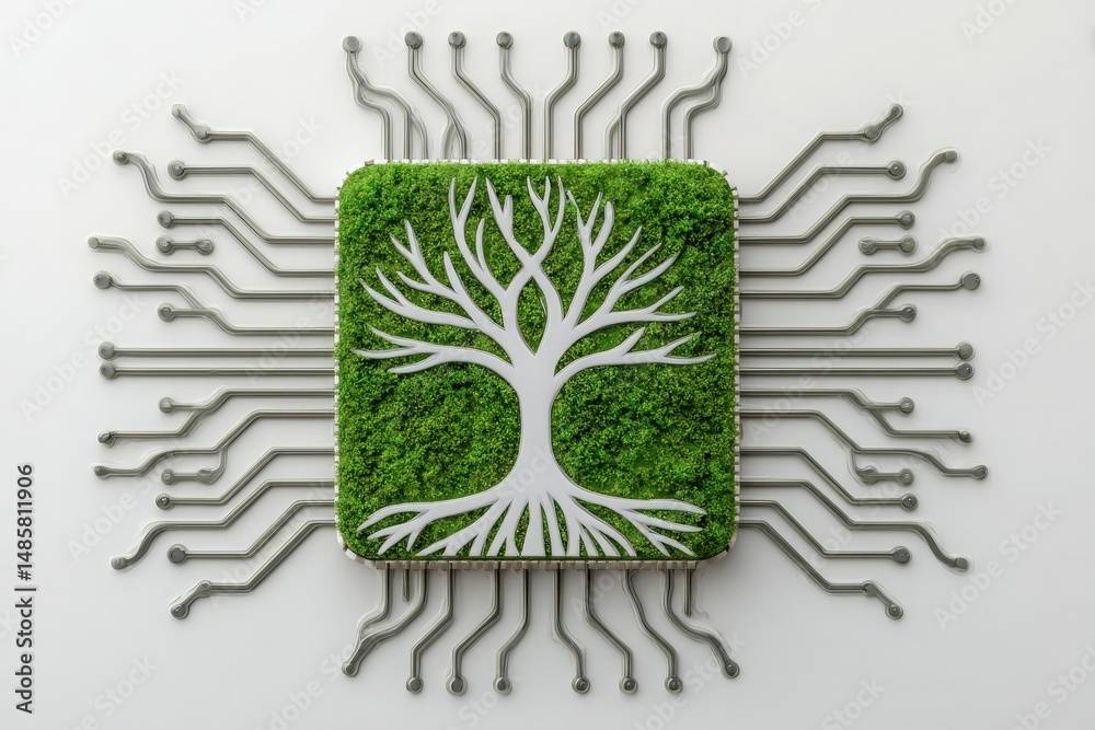 A circuit board design showcases a tree surrounded by green moss in a central square. This artwork emphasizes the relationship between technology and nature, blending elements together.