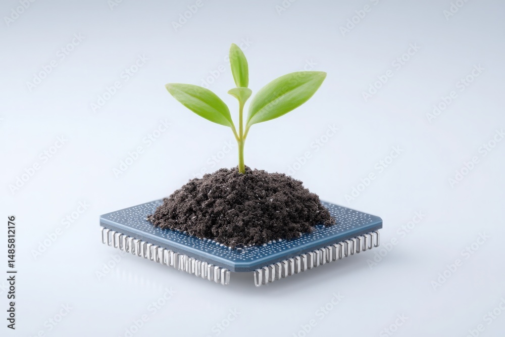 A small green plant emerges from soil placed atop a microchip, symbolizing the blend of technology and nature. This thought-provoking representation highlights innovation and growth.