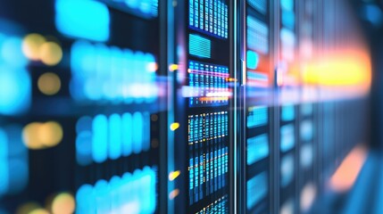 Aufkleber - Close-up of modern data servers with glowing blue panels and warm ambient light, ideal for promoting digital infrastructure, cloud networks, and enterprise IT environments