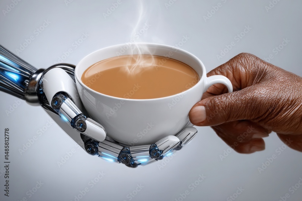 A robotic hand and a human hand are exchanging a steaming cup of coffee. The scene captures the blend of technology and humanity, showcasing connection in a contemporary environment.