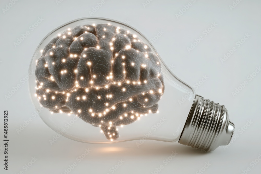 A unique light bulb is designed to resemble a human brain, featuring glowing connections throughout. This creative concept symbolizes intelligence and innovation in a modern setting.