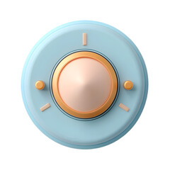 Poster - Light blue circular object with gold accents and a central, peach-toned element.  A three-dimensional, geometric design.