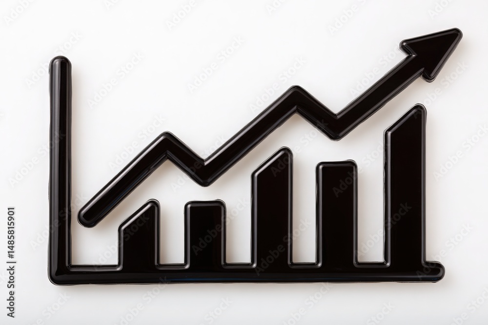 A black graphic representation of a rising graph displays increasing business metrics over time. The bars vary in height, illustrating positive trends in financial performance and success.