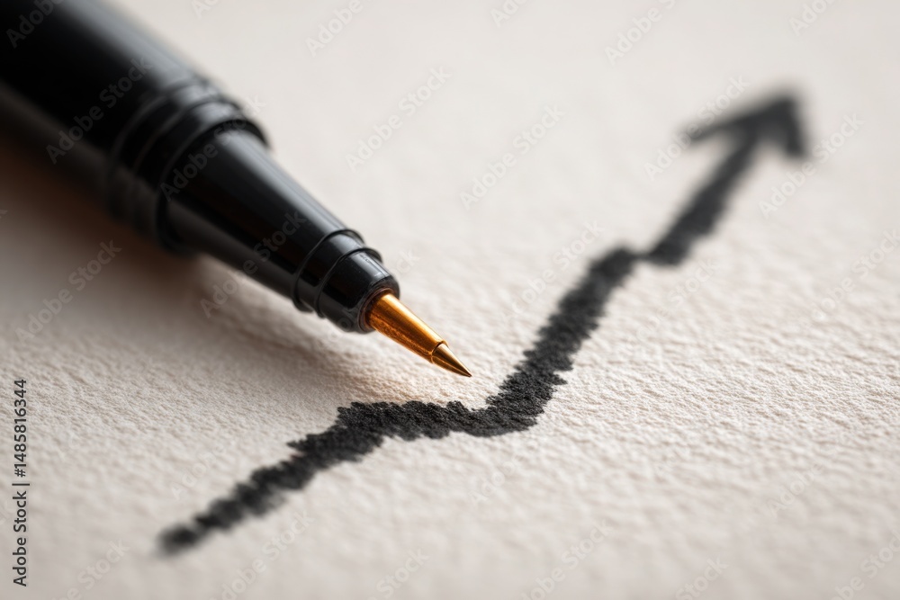 A close-up view of a pen poised above a line graph illustrating upward trends on paper. The artwork captures the essence of financial growth and strategic planning.