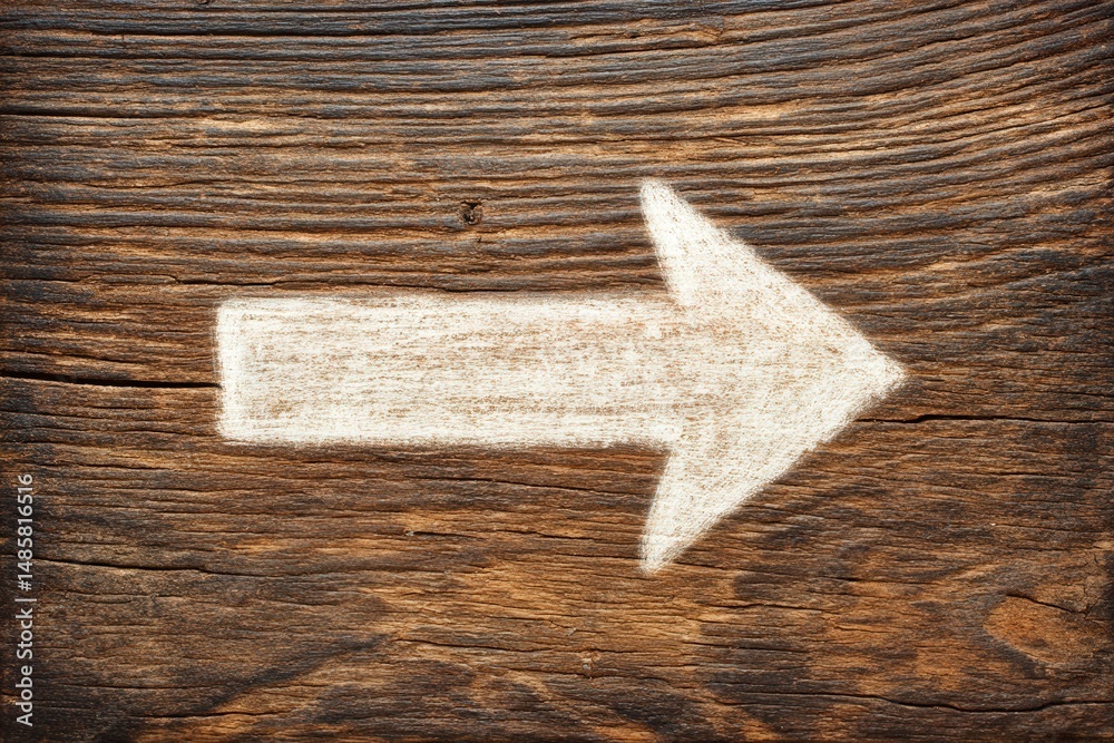 A weathered wooden surface features a white painted arrow pointing to the right. The texture of the wood is rustic, enhancing the arrows visibility and purpose.