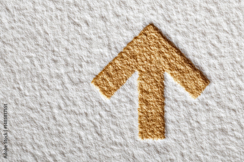 A textured arrow symbol made from golden material is prominently displayed on a white background. The design highlights the upward movement, conveying a sense of direction and progress.