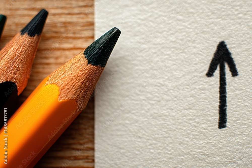Orange and black pencils rest beside a white sheet of paper featuring a bold upward arrow. The artistic arrangement suggests creativity and encourages upward momentum or progression.