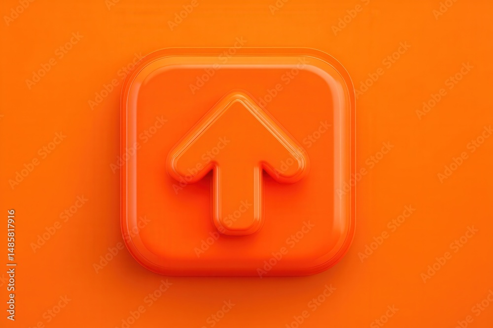 A glossy, bright orange button featuring a white upward arrow icon sits on a flat surface, symbolizing the upload function in digital interfaces. The design is modern and minimalist.