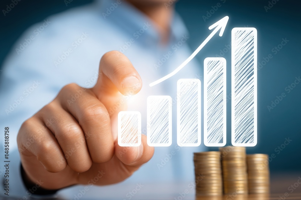 A businessman touches an upward-growing graph symbol while stacks of coins are in the foreground. The background is a soft blue color that enhances the focus on success and finance.