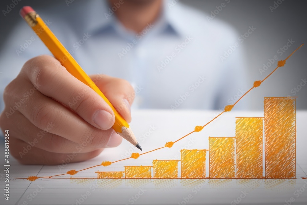 A person is holding a yellow pencil and creating a simple bar graph on a sheet of paper. The graph displays ascending bars symbolizing growth, showcasing a professional environment.