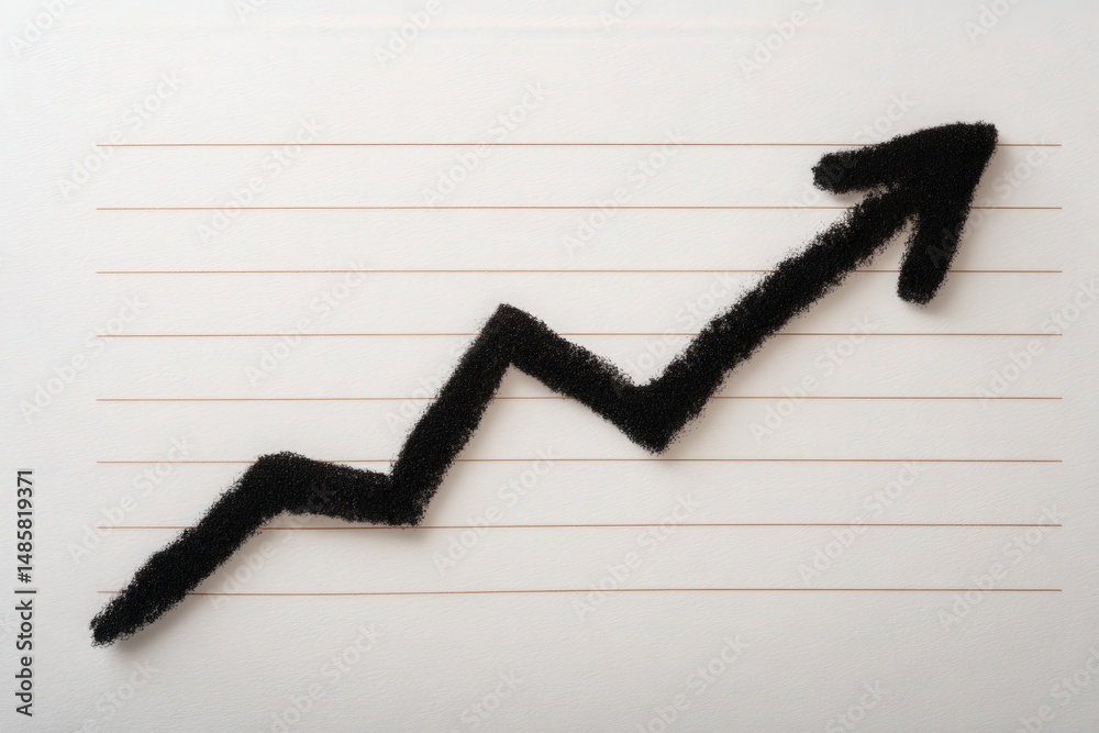 A black chalk line illustrating a zigzagging growth trend is drawn on a sheet of lined paper. The line emerges from the bottom left, rising toward the upper right, signifying upward progress.