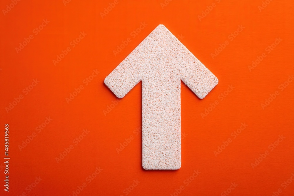 A large, textured arrow points upwards against a solid orange background, showcasing a minimalist design. The arrows surface has a subtle grain, adding depth to the composition.