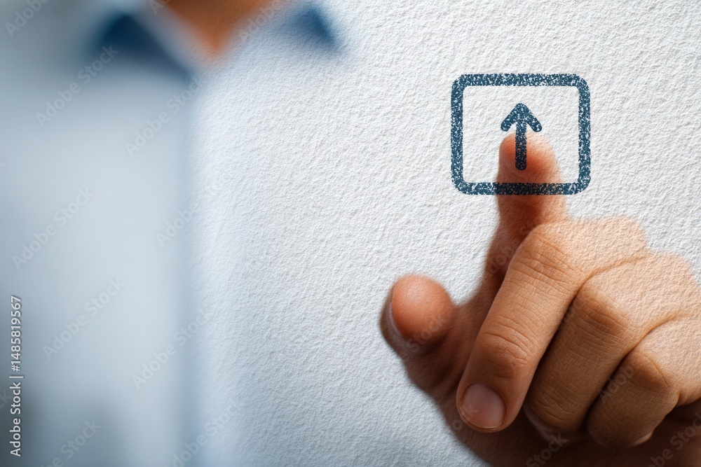 A person is using their fingertip to touch an upward arrow icon displayed on a surface. The environment appears to be a professional office, suggesting an emphasis on technology and communication.