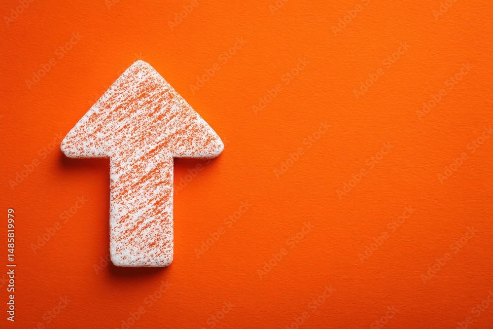 A textured arrow made of white material with orange streaks is positioned on a vibrant orange surface. The arrow points upward, symbolizing direction and growth in a minimalist setting.