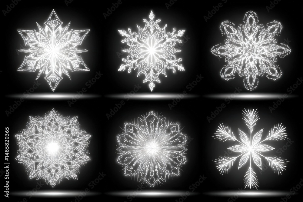 Delicate snowflake patterns are showcased in a series of six unique designs, glowing against a black backdrop. Each snowflake features intricate details, highlighting the beauty of winter.