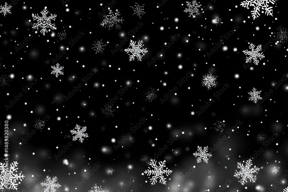 A flurry of delicate white snowflakes cascades against a dark backdrop, creating a tranquil winter vibe. The random patterns evoke a peaceful, snowy day.