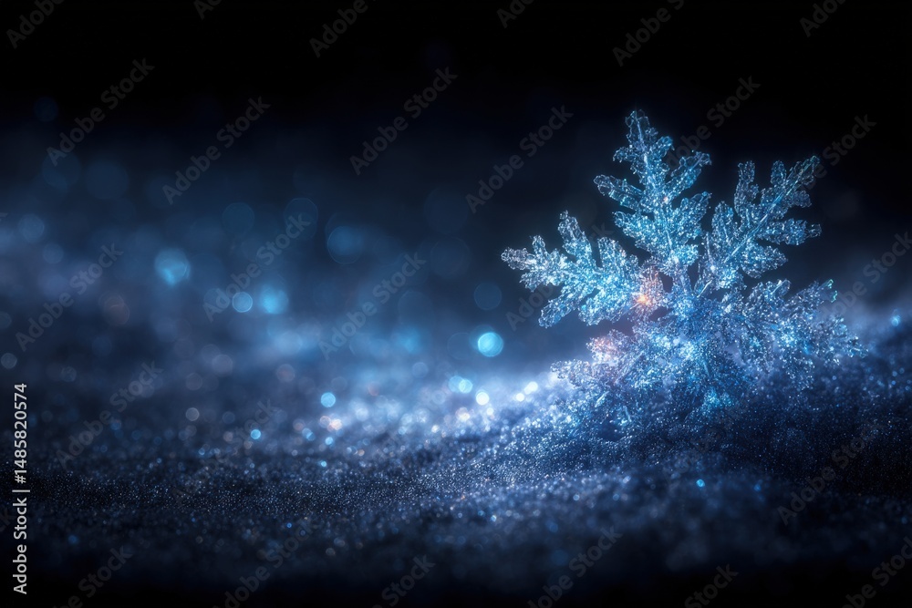 A single snowflake rests on a soft surface, illuminated by ambient light. Its intricate design sparkles with countless tiny reflections, creating a magical atmosphere in a dark setting.