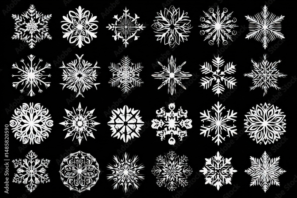 Various unique snowflake shapes are displayed against a dark background, highlighting their intricate patterns and forms. Each snowflake captures the essence of winters delicate artistry.