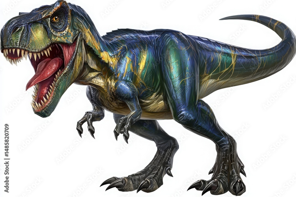 A large dinosaur stands proud, showcasing its vibrant blue and green scales. The creatures mouth is open wide, revealing sharp teeth, while it displays powerful limbs and a long tail.