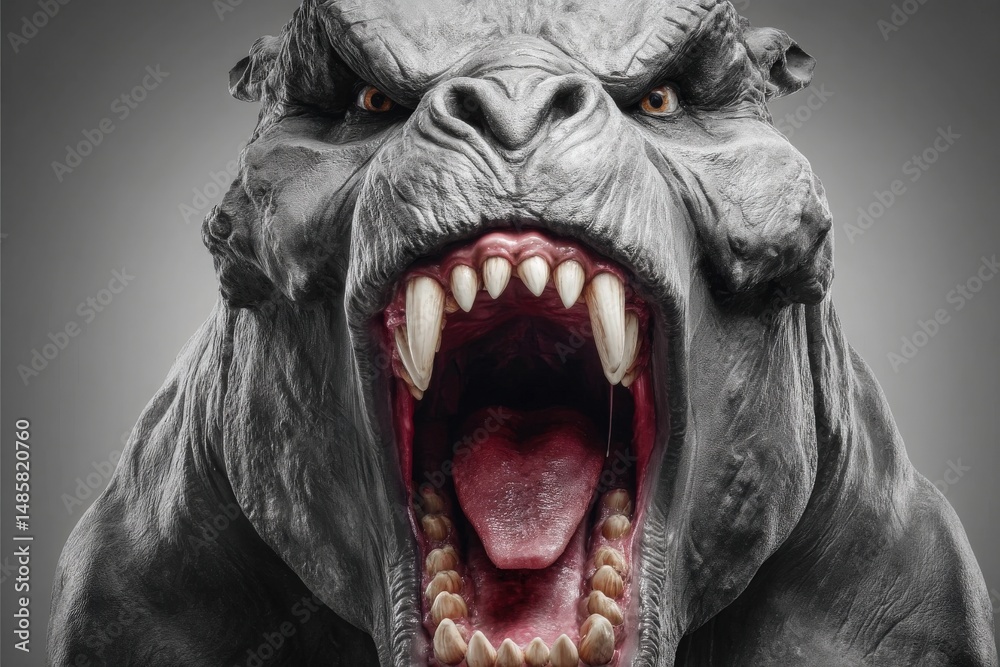 A massive, menacing creature with sharp teeth and fierce eyes demonstrates its power by roaring loudly, showcasing an intimidating presence against a neutral background.