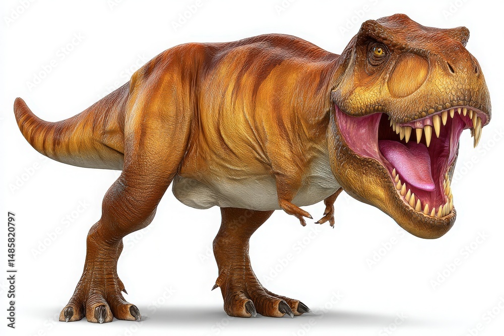 A detailed representation of a Tyrannosaurus rex, showcasing its fierce expression and powerful stance. The dinosaur displays vivid colors, emphasizing its muscular build and sharp teeth.