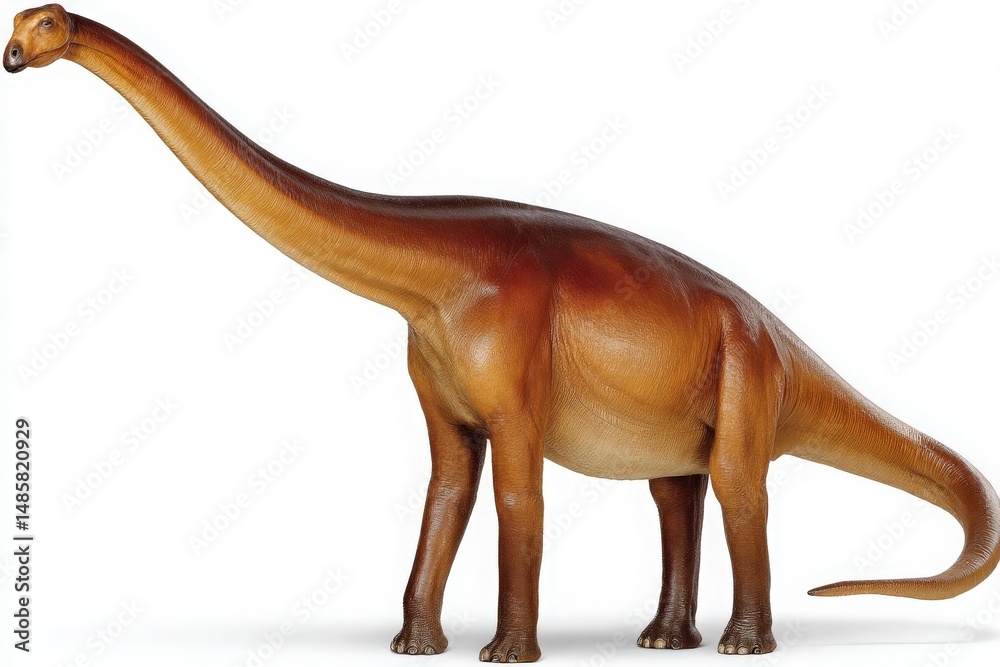 A detailed model of a long-necked dinosaur stands upright with a thick body and an elongated neck. The bronze-brown coloration highlights its impressive size and features.