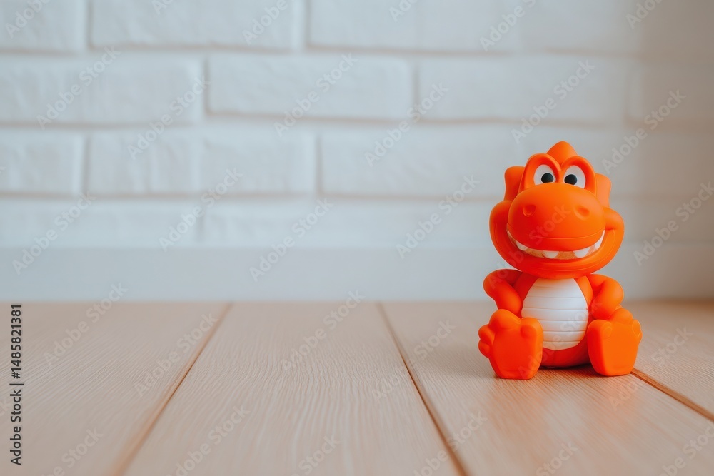 A bright orange dinosaur toy with a friendly smile is positioned on a wooden floor. The background features a light-colored brick wall, creating a simple and inviting atmosphere.