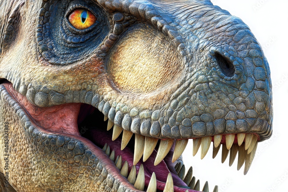 A highly detailed illustration of a Tyrannosaurus rex, featuring sharp teeth and vibrant eyes.