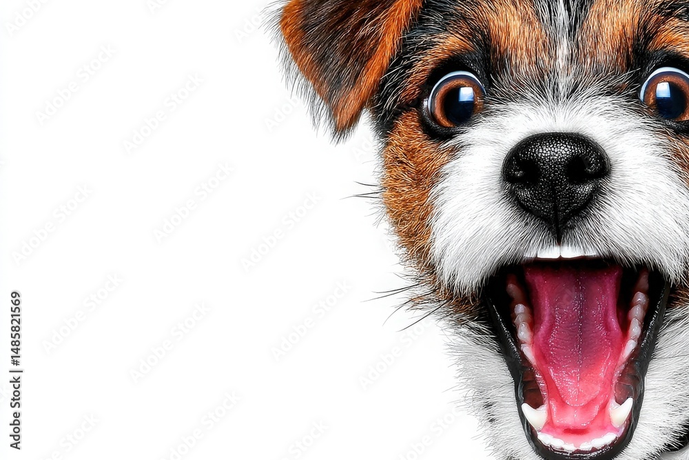A small, cheerful dog with fluffy fur and bright eyes showcases its excitement by opening its mouth wide, as if barking or smiling.