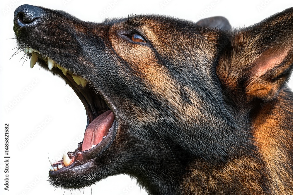 A strong dog with a dark brown and black coat is barking loudly. Its mouth is wide open, displaying sharp teeth and an intense expression. This moment captures the dogs energy and alertness.
