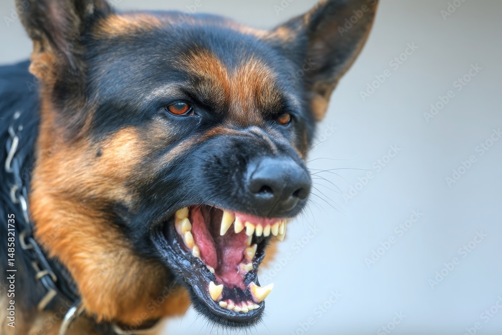 A German Shepherd shows its teeth and growls, displaying a fierce attitude during a training session. The dog is focused, demonstrating its protective instincts and readiness to engage.