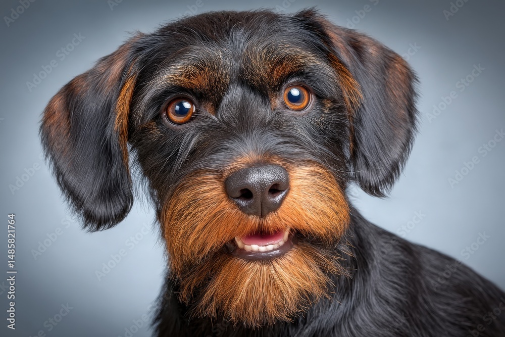 A cheerful black and brown dog sits with a friendly expression. Its fur is glossy, and its bright eyes are full of life. The background is neutral, highlighting the dogs features.
