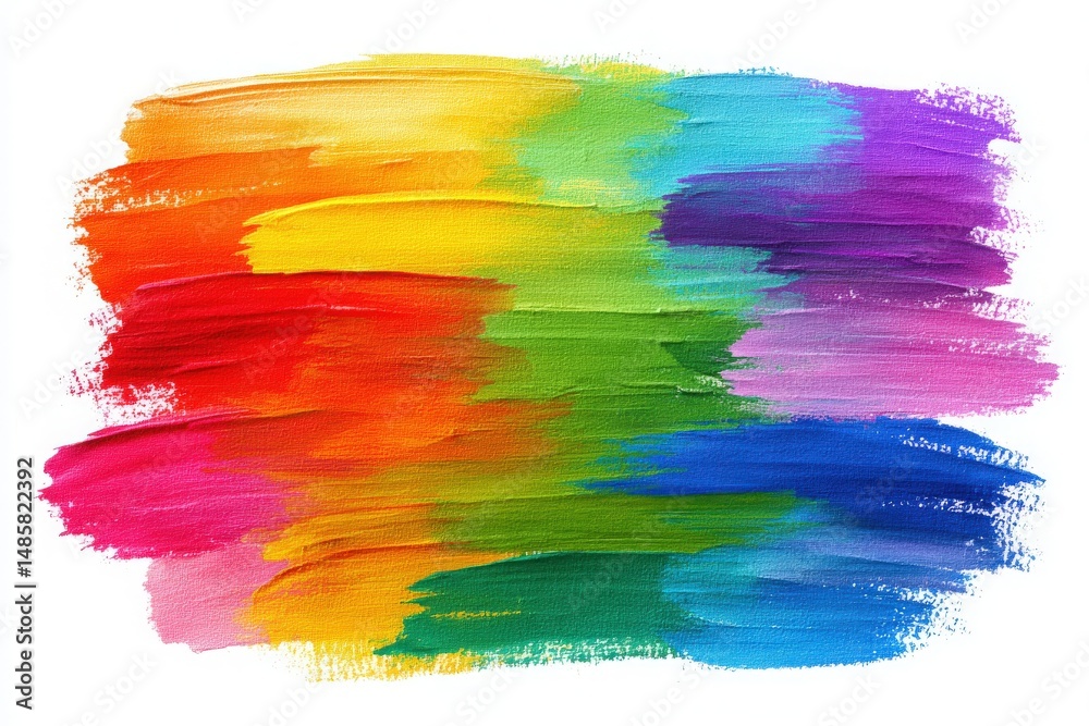 Bold strokes of paint in various colors blend together, showcasing a lively display of red, orange, yellow, green, blue, and purple.