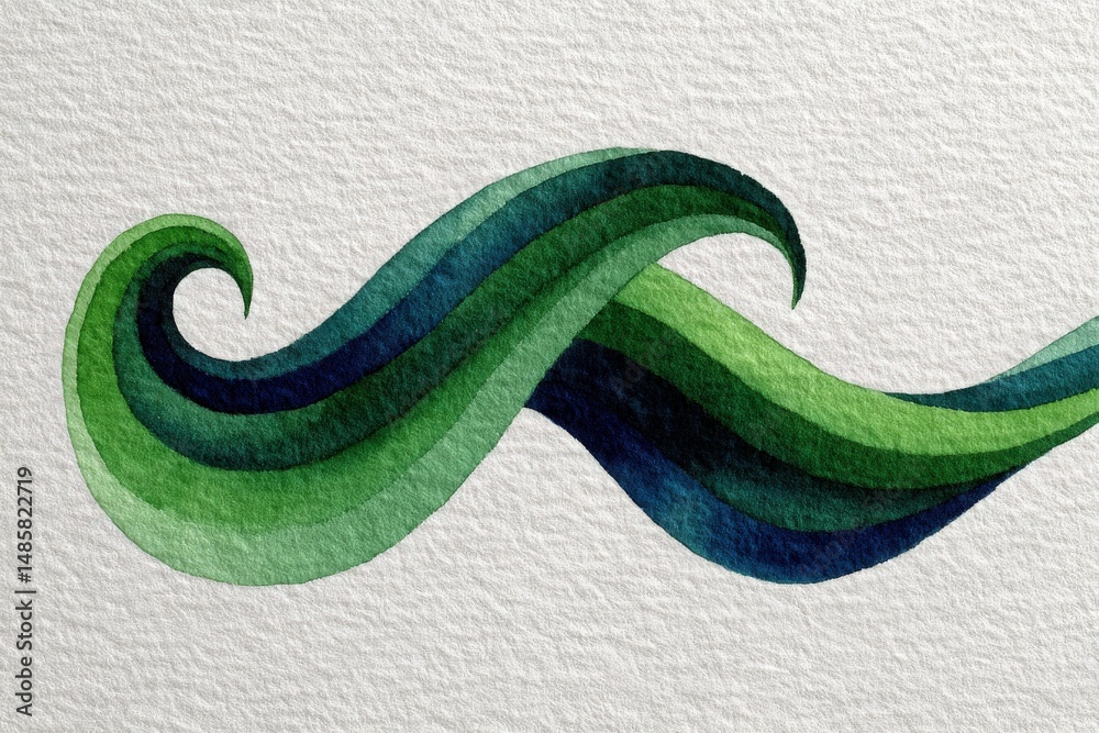 Swirling green lines in varying shades create a dynamic pattern, suggesting fluidity and movement. The artwork features deep greens and softer hues on textured paper, enhancing its organic feel.