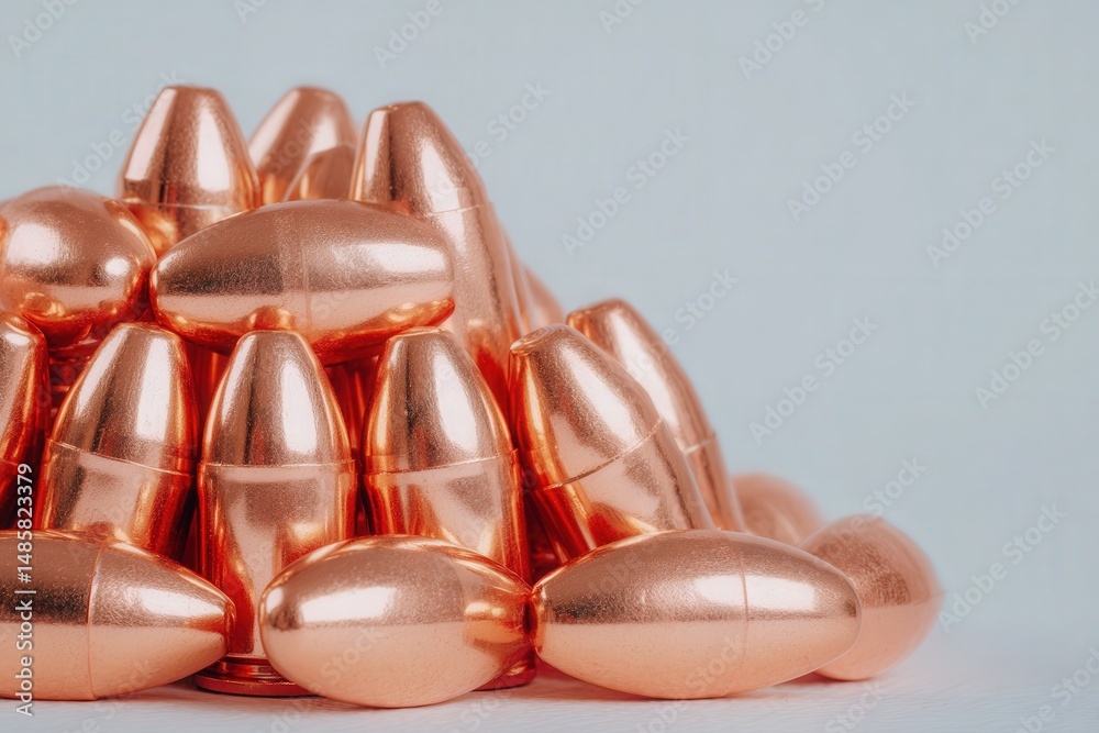 Shiny, metallic capsules are artistically piled together, showcasing their sleek surfaces and elegant design against a soft light background. The composition highlights their reflective qualities.