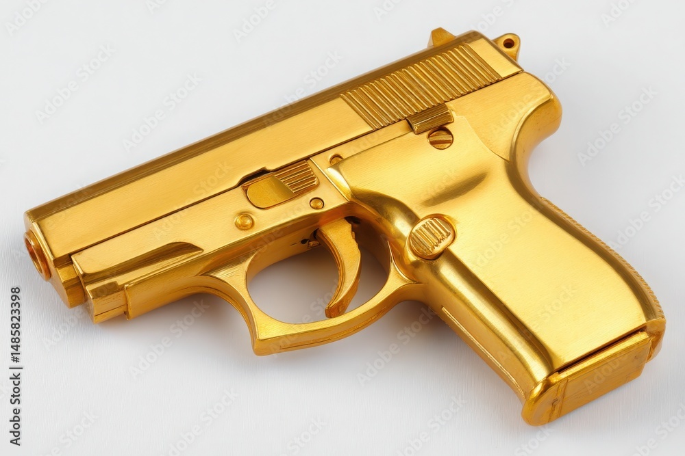 A detailed gold-colored replica handgun resting on a light background, showcasing its shiny surface and intricate design features. The object appears as a decorative piece, highlighting craftsmanship.