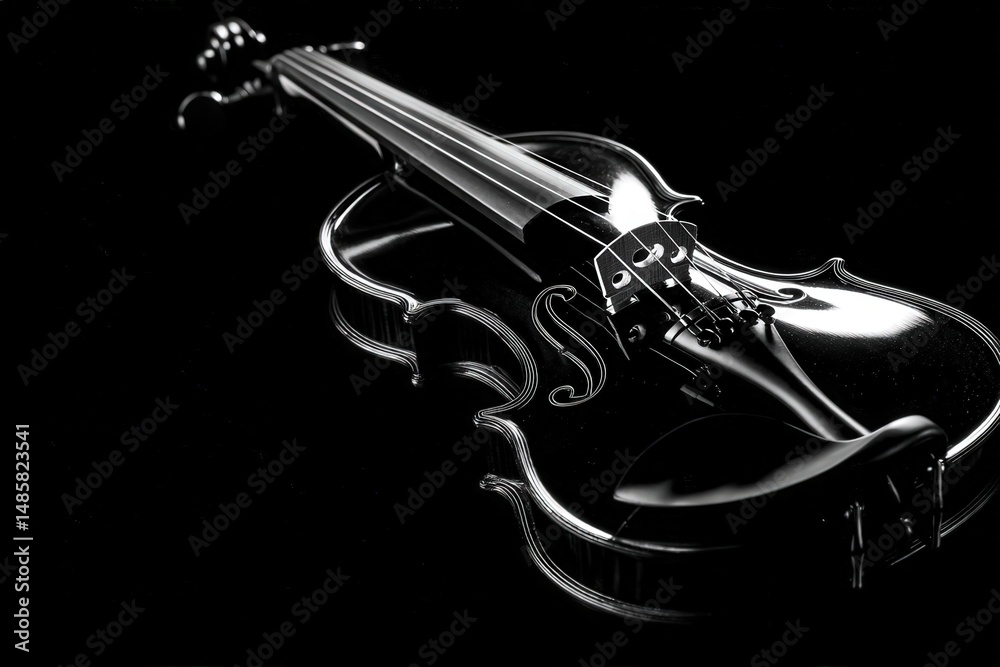 A beautifully crafted violin rests on a dark surface, illuminated to highlight its curves and details. The focus reveals the intricate design, inviting admiration of its elegance.
