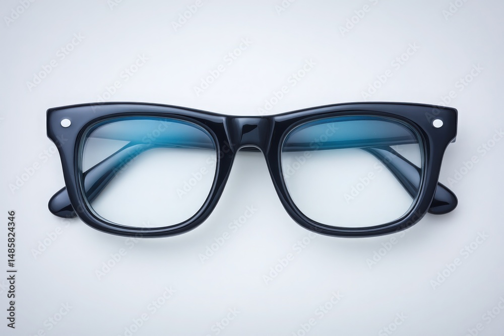 Black framed glasses with a sleek design rest on a neutral surface. The glasses feature blue-tinted lenses, creating a stylish contrast against the simple backdrop.