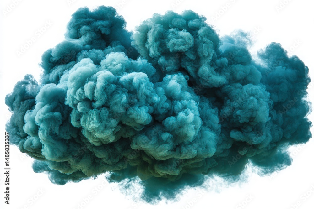 A rich dark teal smoke cloud billows and swirls, creating dynamic shapes against a clean white background. The ethereal formation adds an element of mystery and depth to the scene.