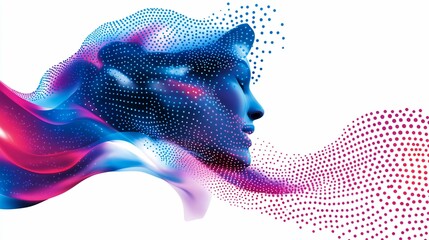 Poster - Profile portrait of a face blending with digital waves, vibrant colors