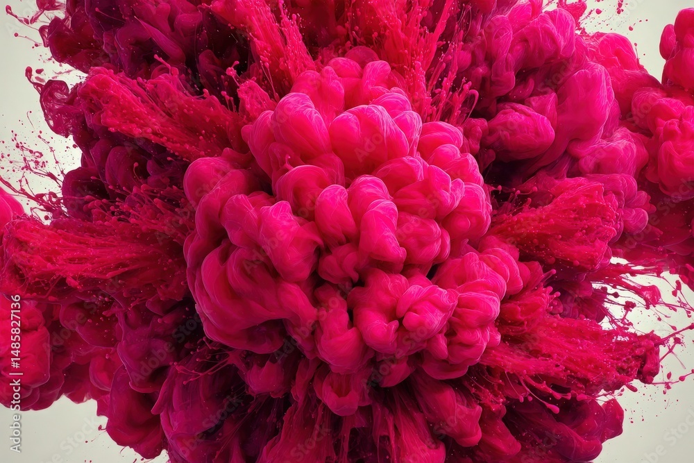 A burst of bright pink ink disperses dramatically in water, creating swirling patterns and dynamic shapes. The vibrant colors mix and flow gracefully, showcasing unique textures and intensity.