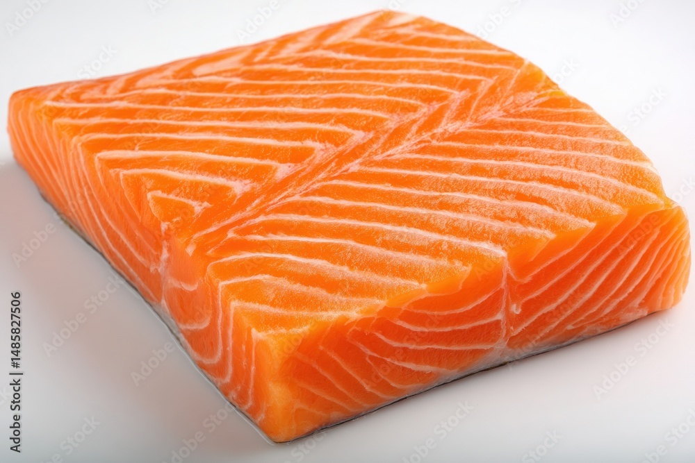 Fresh salmon fillet showcases vibrant orange color and elegant marbling. The texture reveals parallel lines, highlighting its quality. Ideal for culinary preparations or food presentation.