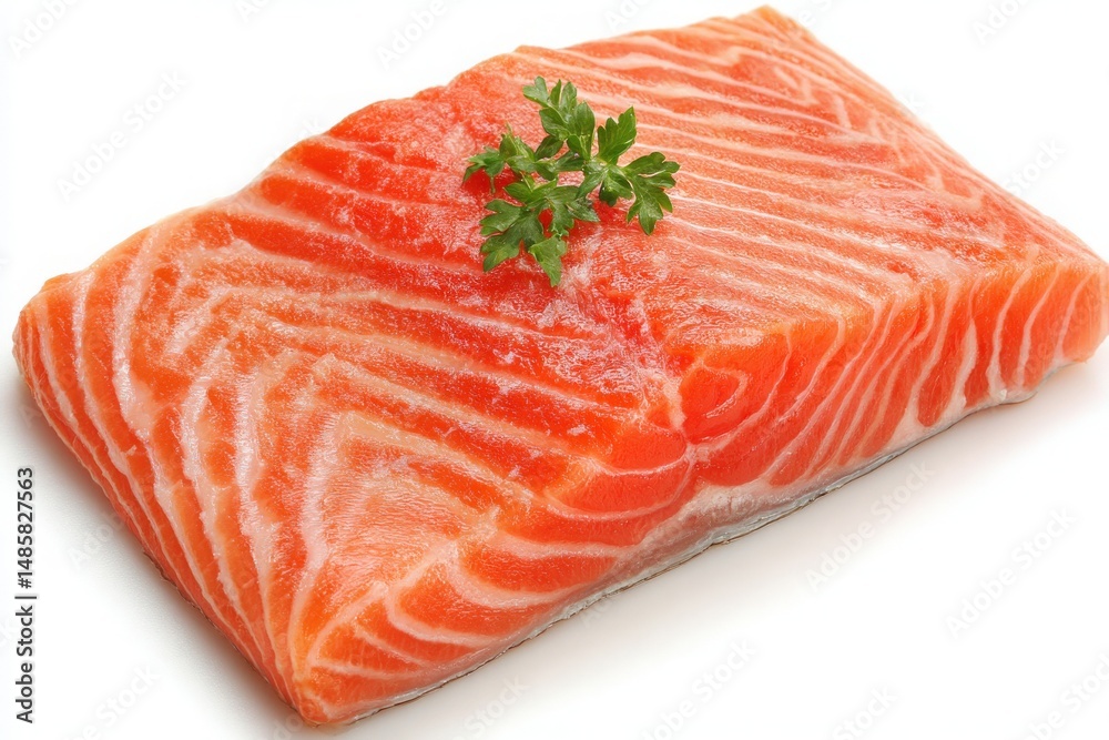 A beautifully displayed salmon fillet showcases its rich orange color and distinctive marbling. A sprig of parsley adds a touch of freshness, enhancing the overall presentation.