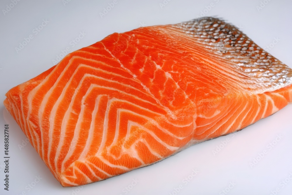A salmon fillet showcases its rich orange hues and intricate fat marbling, highlighting its freshness.