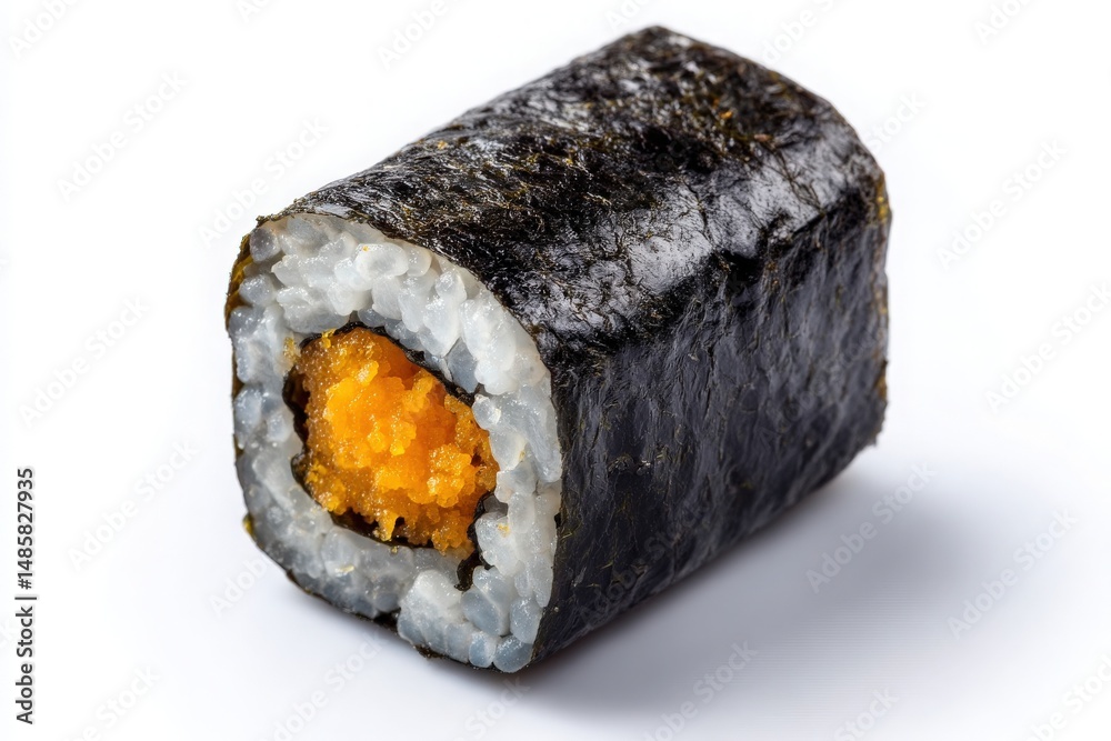 A close-up view of a sushi roll featuring a dark seaweed exterior and a bright orange filling. The composition highlights the texture of the rice and seaweed, emphasizing freshness.