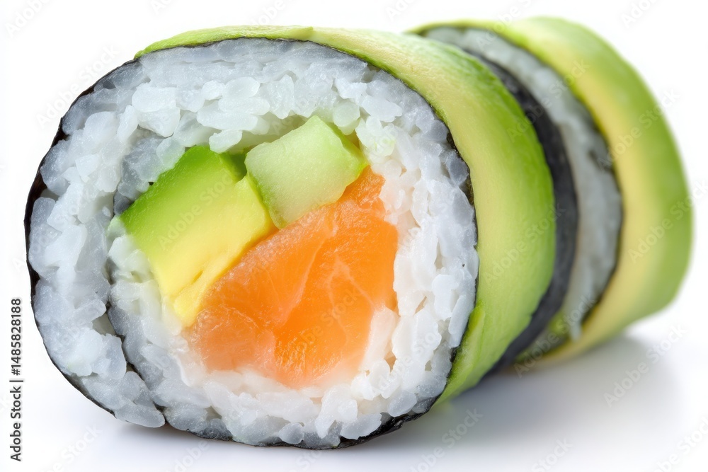 Close-up of a sushi roll featuring layers of fresh salmon and avocado wrapped in rice and seaweed. The dish is elegantly presented on a white plate, perfect for a culinary experience.